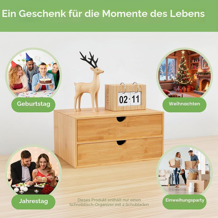 Schubladenbox, Schreibtisch Organizer 2 Schubladen Bambus, Naturbelassener Desktop Organizer 33x19x1