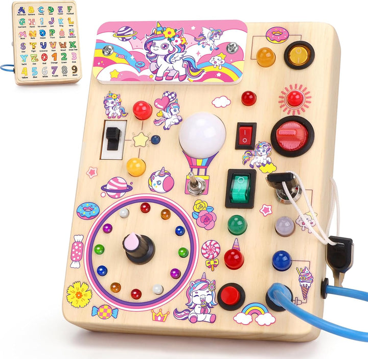 Unicorn Busy Board Montessori Spielzeug ab 1 Jahr Activity Board Holzspielzeug Mit 10 Schaltern und