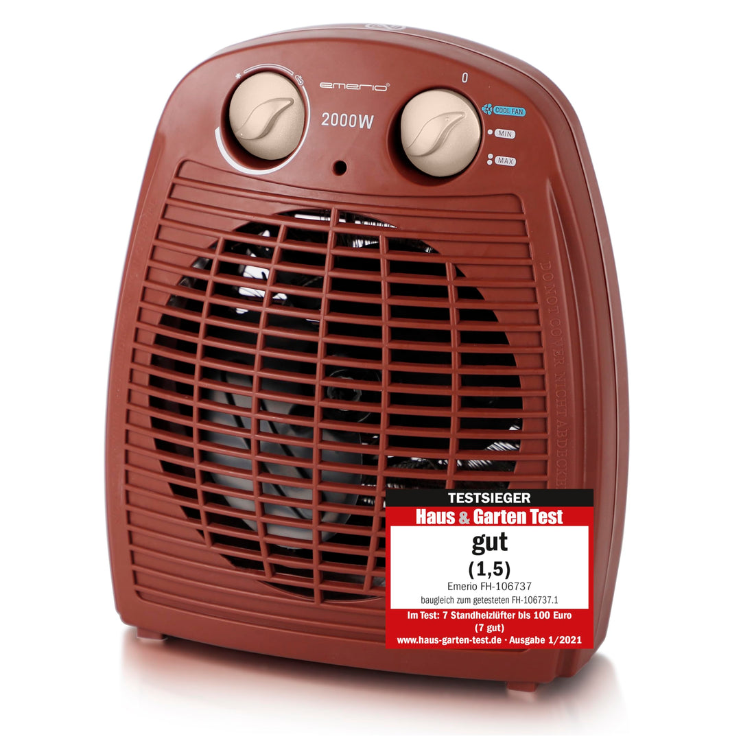 EMERIO Heizlüfter 2000W | klein leicht kompakt portabel | für ca. 25m² | 2 Heizleistungen + Ventilat