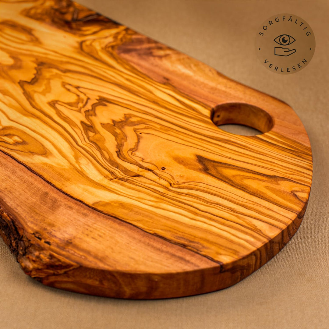 DAS OLIVENHOLZBRETT® Schneidebrett Olivenholz, / Frühstücksbrett/Brotzeitbrett aus Holz, mit etwas R