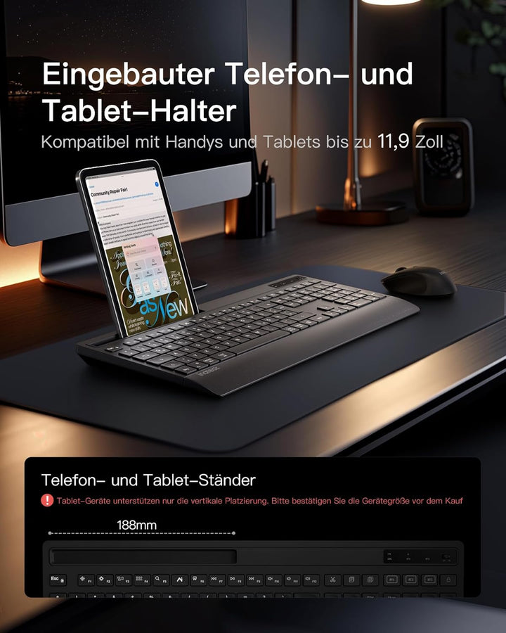 Inateck Tastatur Maus Set Kabellos,Funktastatur QWERTZ in voller Grösse,3 Bluetooth,mit Handballenau