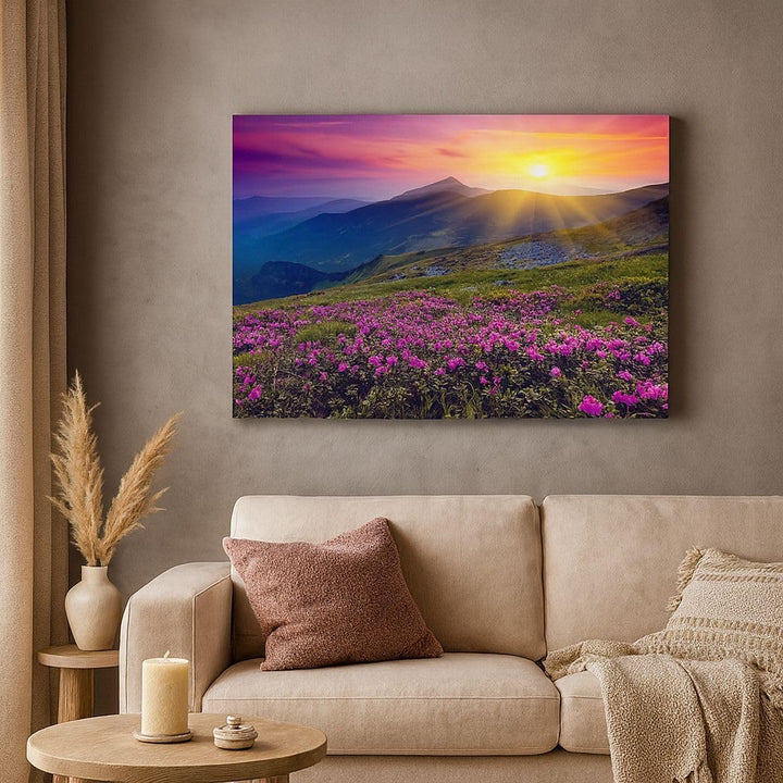 ARTTOR Bilder auf Leinwand 100x70cm Leinwandbild Wiese Berge Landschaft Gross Wanddeko Bild Schlafzi