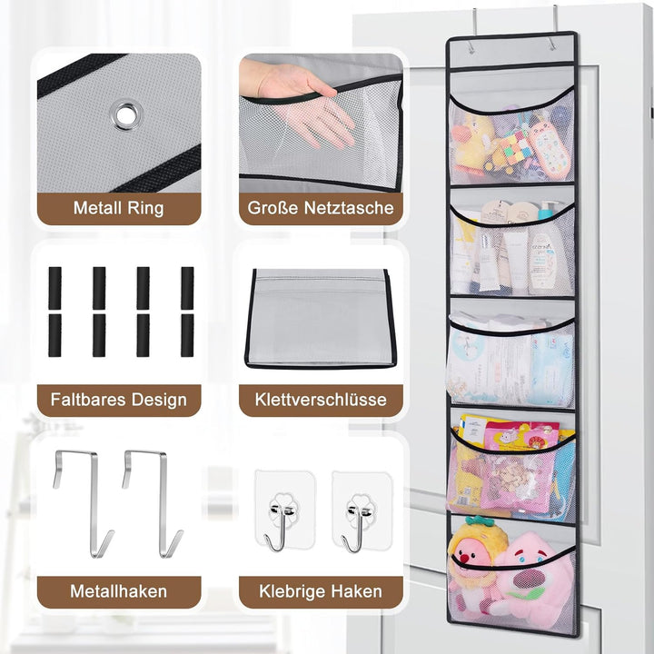 Hängeregal, Hängeorganizer mit 5 Netztaschen und 8 Klettband, Hängeaufbewahrung Schrank Kuscheltier