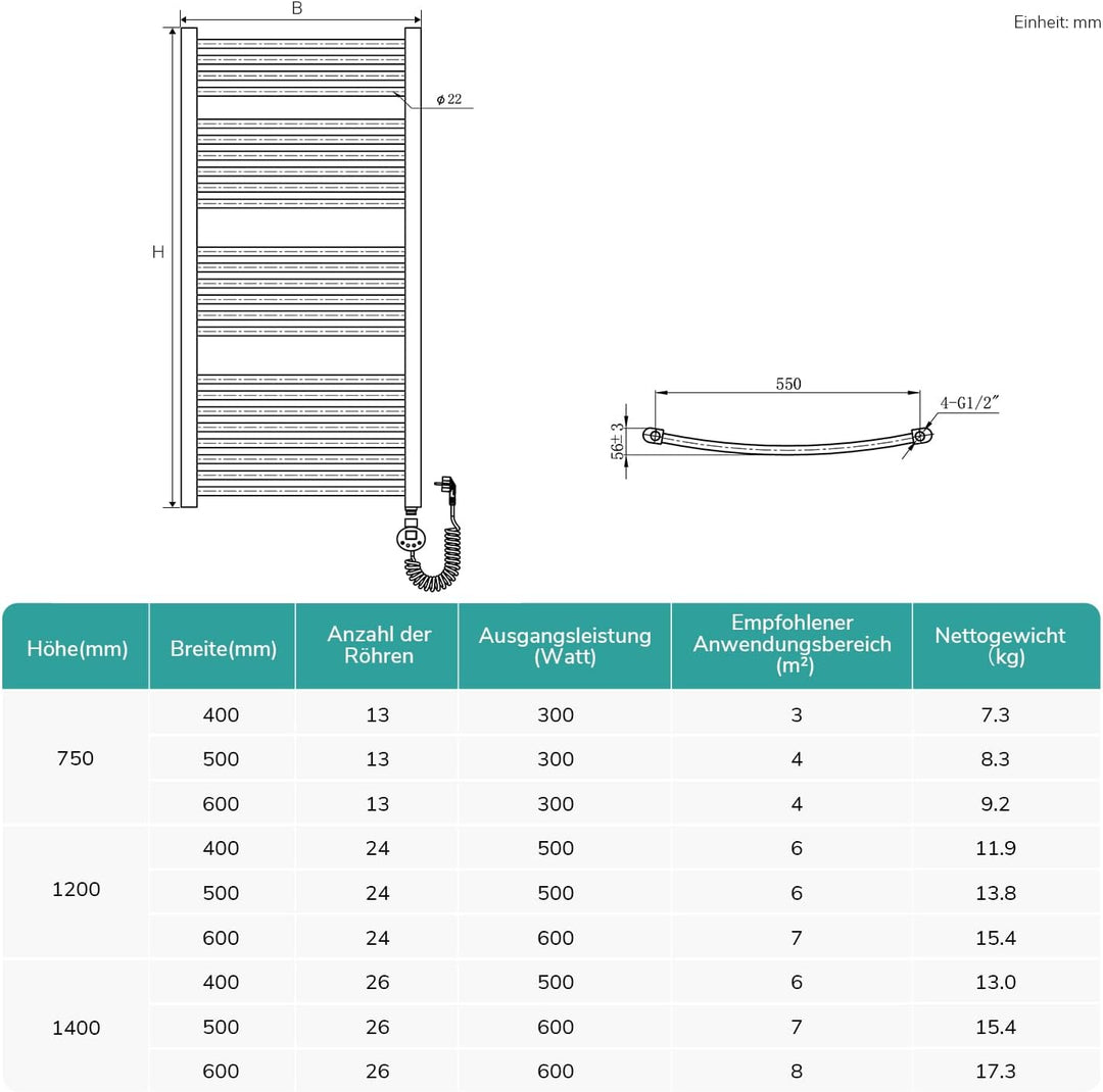 EMKE WiFi Handtuchheizkörper Elektrisch 1400x400 mm - Gebogen Badheizkörper Elektrisch, Elektrischer