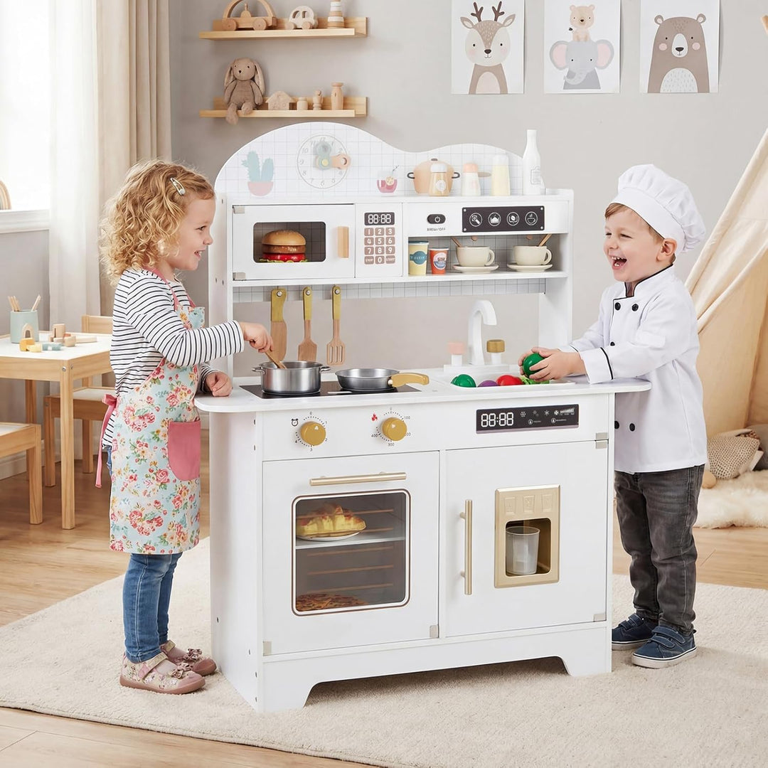 COSTWAY Kinderküche, Spielküche Holz mit 17 Zubehörteilen, Spielzeugküche mit Backofen, Eismaschine,
