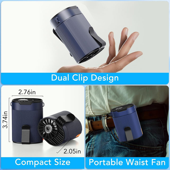 Tragbarer Ventilator Akku, Klein T Shirt Ventilator mit Clip, Aufladbarer Waist Fan on Belt, Turbo G