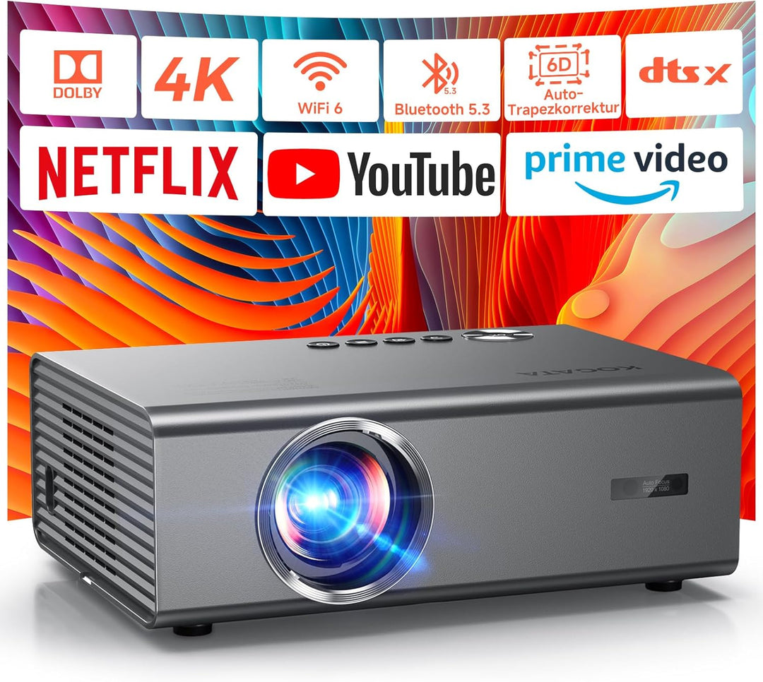 4K Smart Beamer mit integrierter Netflix-App, Kinoähnlichem Sound & HDR | KOGATA Auto-Fokus, 6D Keys