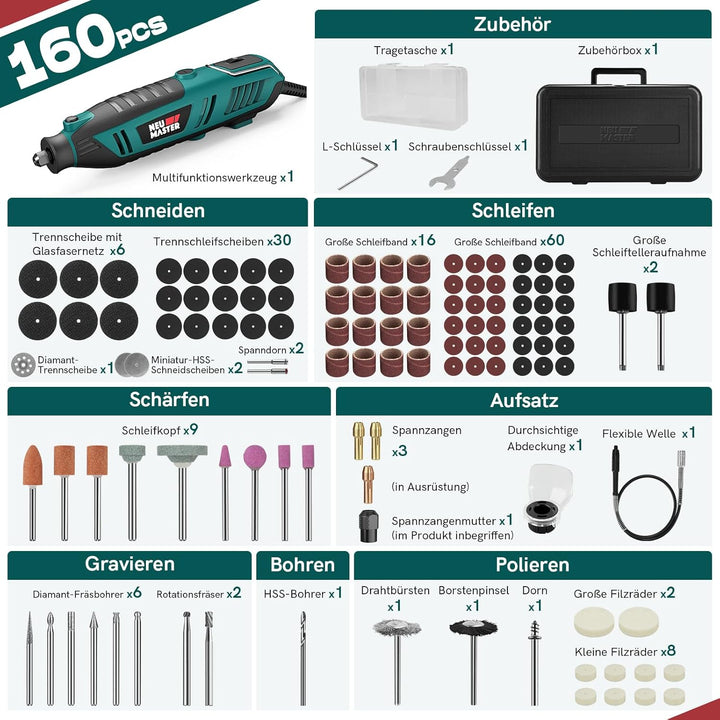 Multifunktionswerkzeug - NEU MASTER 180W Rotationswerkzeug mit 160 Zubehör und 6 Drehzahl 10000–3500