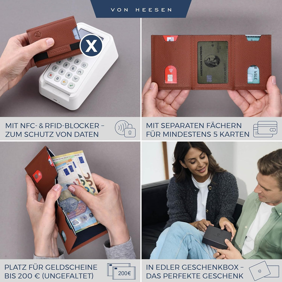 VON HEESEN Slim Wallet mit XL Münzfach &amp; RFID-Schutz - Leder Geldbeutel - Mini Geldbörse für Herren