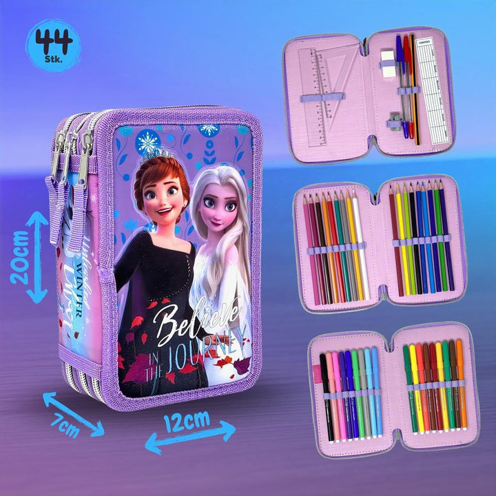 Clondo 3D Mädchen Federmäppchen 3-Fach – 44-teilig gefüllt – für Die Eiskönigin Frozen Fan – mit Fil