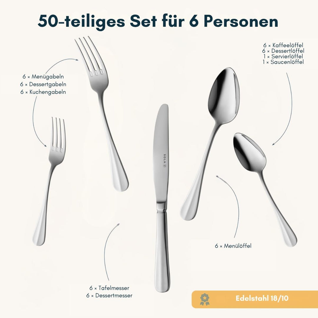 Sola Hollands Glad Besteck Set - 6 Personen Essbesteck - 50 Teilig, 18/10 Rostfreiem Stahl - Robuste