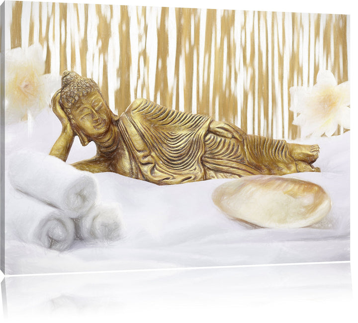 Pixxprint Goldener Buddha auf Handtuch Kunst Buntstift Effekt, Format: 100x70 auf Leinwand