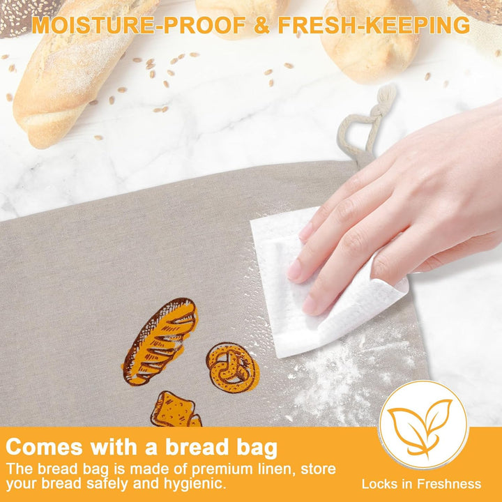 Cozary Brotkasten mit Bambusdeckel, 6L Grosser Brotbox mit Leinen Brotbeute, 37x22.5x14cm, Anti-Ruts