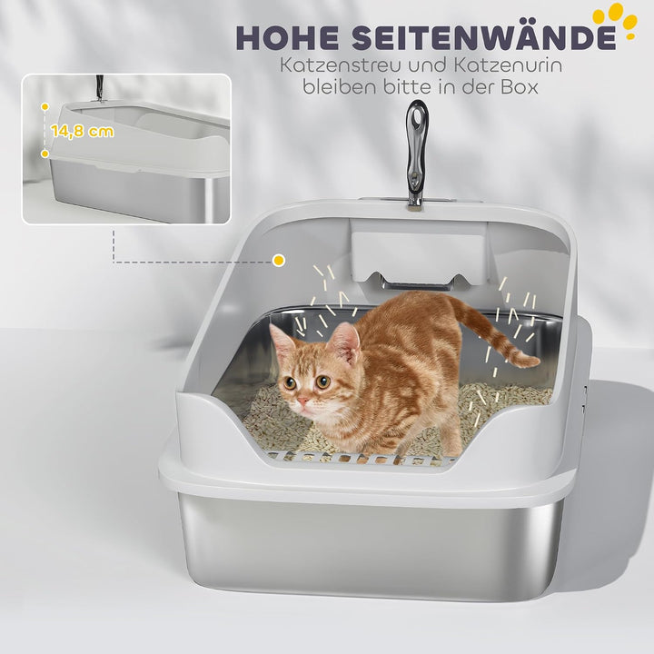 PawHut Katzentoilette Edelstahl XXL für Katzen 60,2 x 40,2 x 29,7 cm Grau | Edelstahl, Offene Katzen