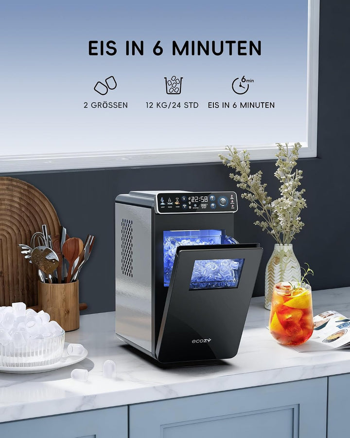 ecozy Eiswürfelmaschine Klein, Tragbar und Kompakt mit Farbdisplay, 24-Stunden-Timer, 12 KG/24H, Eis