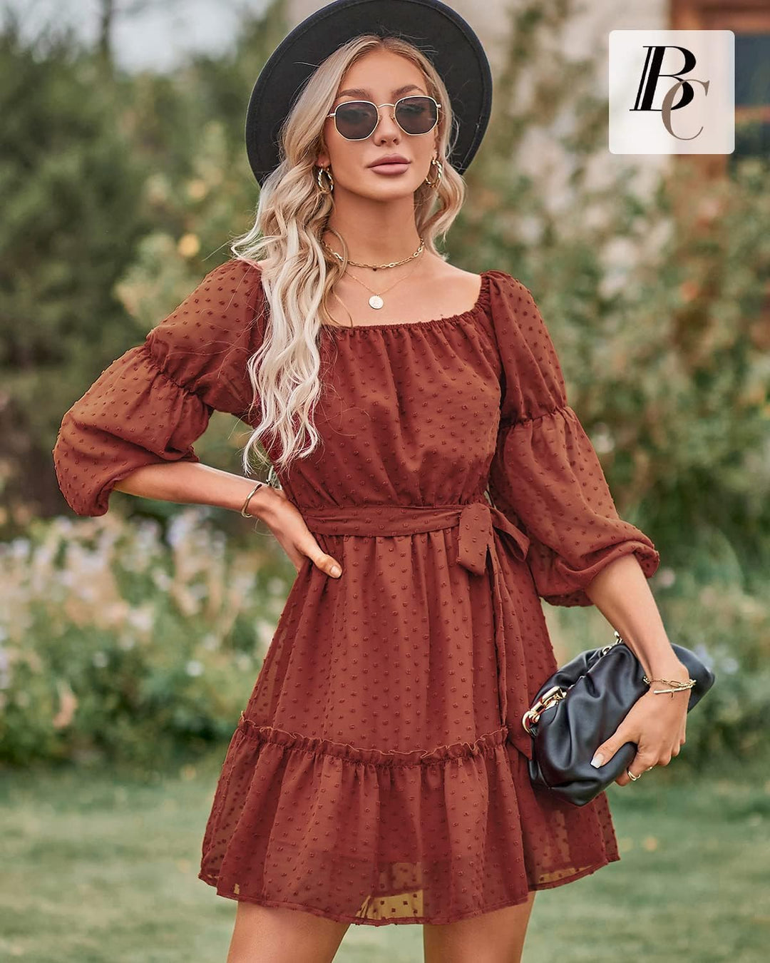 BebreezChic Kleid Damen Elegant Langarm Off Shoulder Einfarbig Swiss Dot Luftig Sommerkleid Miniklei