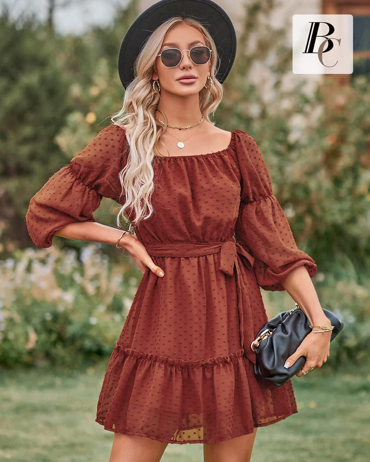 BebreezChic Kleid Damen Elegant Langarm Off Shoulder Einfarbig Swiss Dot Luftig Sommerkleid Miniklei