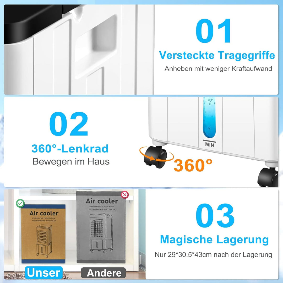 Klimagerät ohne Abluftschlauch, 14L 60W Klimaanlage Mobil mit 12H Timer, 3 Modus, 40dB, 120°Oszillat