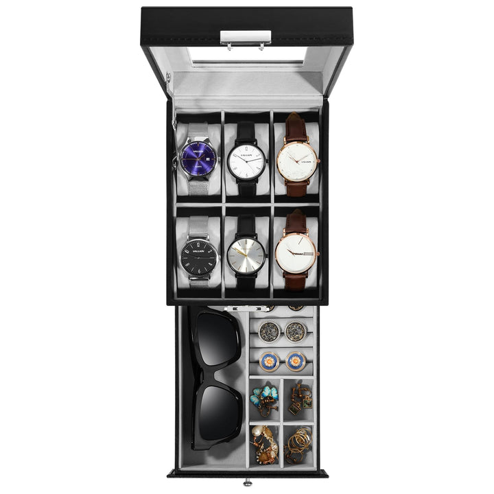 Uten Uhrenbox, 6 Fächern und 1 Schublade mit Schlüsselschloss, Glasdeckel, Schwarzes PU, Graues Samt