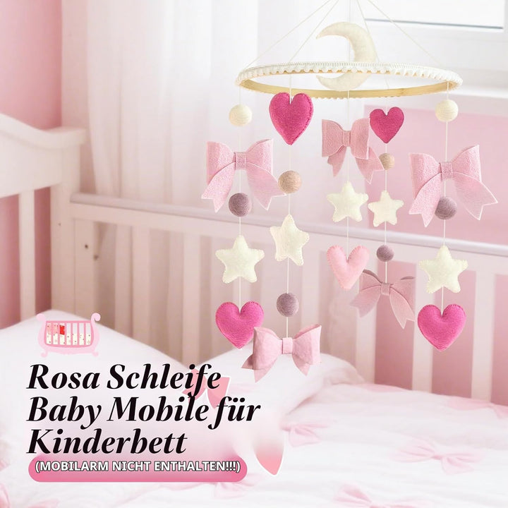 Mobile mit Rosa Schleife Beige Sterne und Monden Handgefertigte Hölz Hängende Mobile Windspiel für B