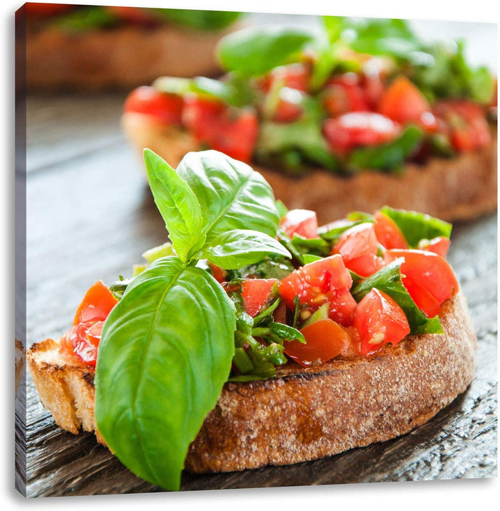 Pixxprint Köstliche Tomaten Bruchetta, Format: 70x70 auf Leinwand, 70x70