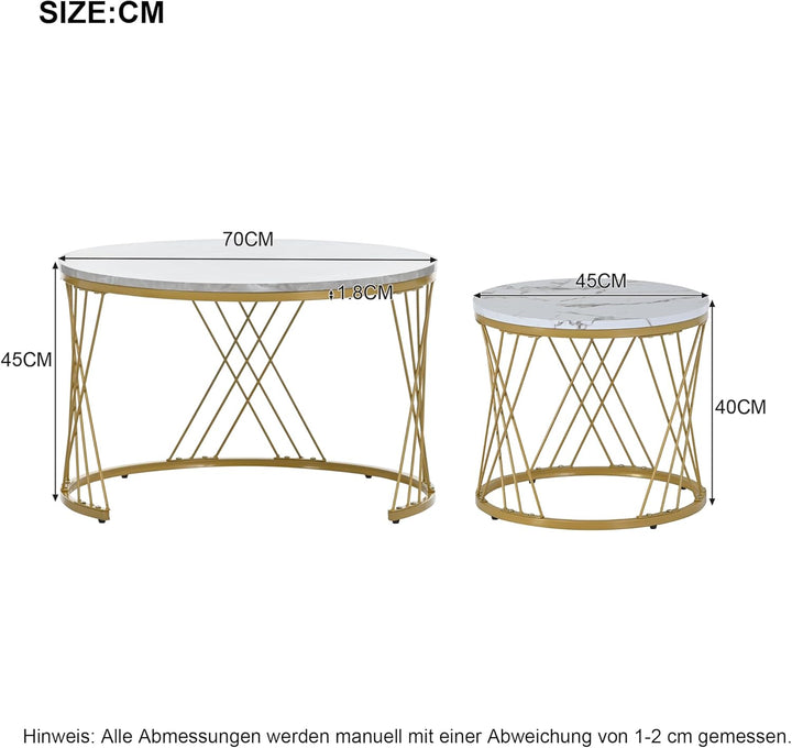 Merax Rund Couchtisch Set, 2-in-1 Nesting Couchtisch Satztisch Modern Wohnzimmertisch, Marmor Furnie