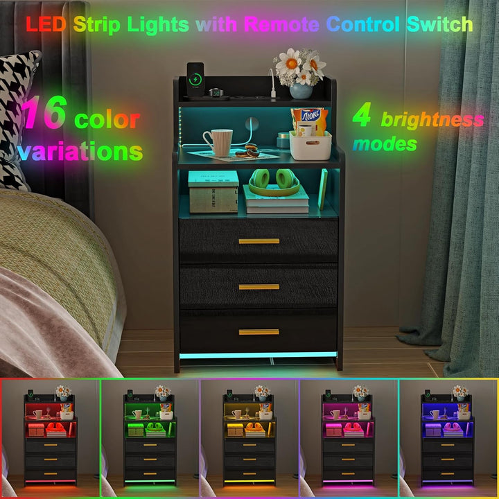PIPIPOXER 2er Set Nachttisch mit Steckdose und Ladefunktion,Nachtschrank mit 3 Schubladen und 16 Far