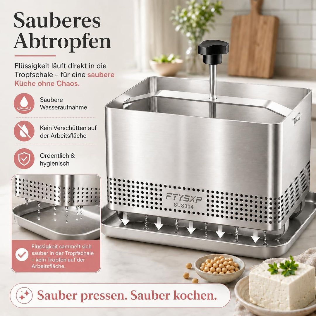 Tofupresse Edelstahl 304, verstellbare Tofu Presse mit Abtropfschale & Käsetuch, BPA-frei, spülmasch