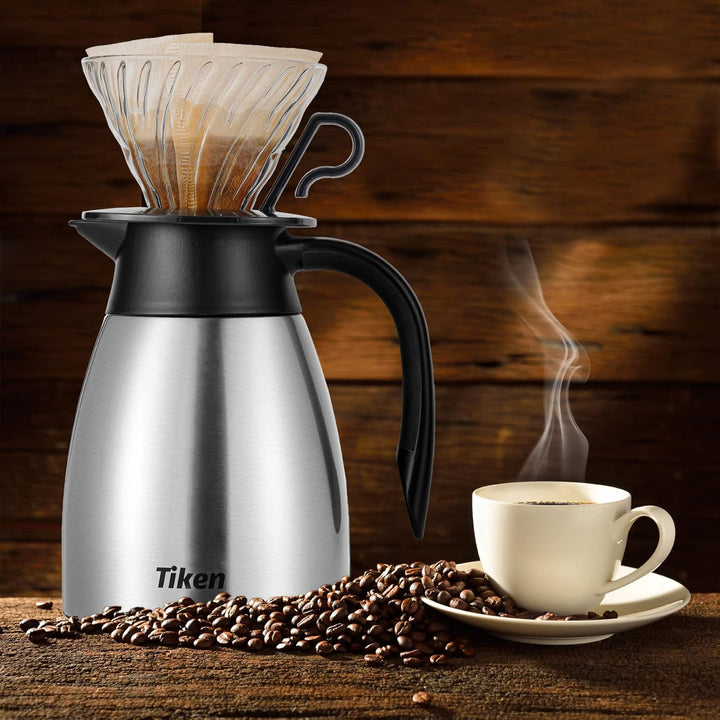 Tiken 1L Thermoskanne Edelstahl Doppelwandige Vakuumisolierung Isolierkanne Kaffeekanne Silber 1005