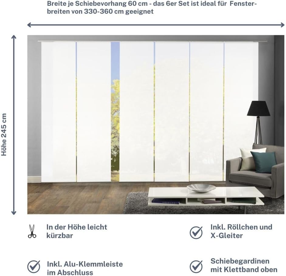 wohnfuehlidee 6er Set Flächenvorhänge Deko Blickdicht Roma 6X Uni Weiss