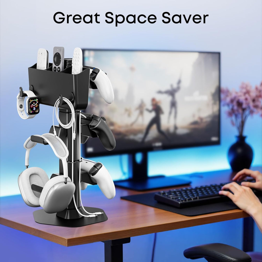 Controller Halter & Headset Halterung mit Aufbewahrungskorb für Fernbedienungen, Schreibtisch Halter