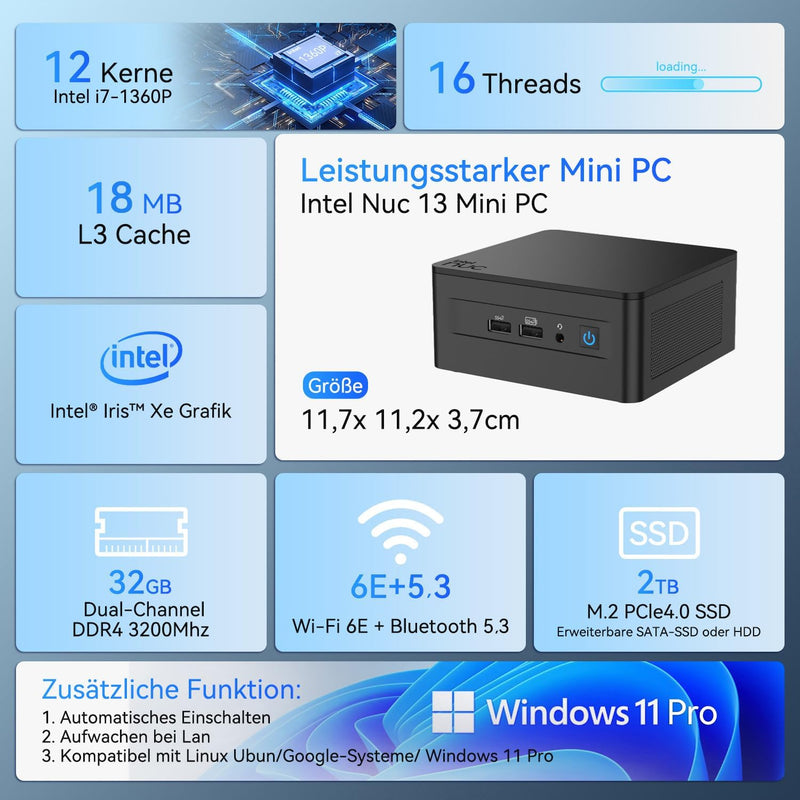 Intel/Asus NUC 13 Pro Mini PC Core i7-1360P|12 Kerne 16 Threads NUC13ANHi7 Mini Desktop Computer|32G