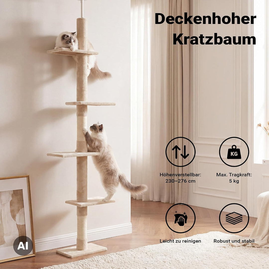 Fudajo Kratzbaum deckenhoch 230–276 cm in Beige, Katzenkratzbaum mit 4 Ebenen, Katzenbaum Deckenspan
