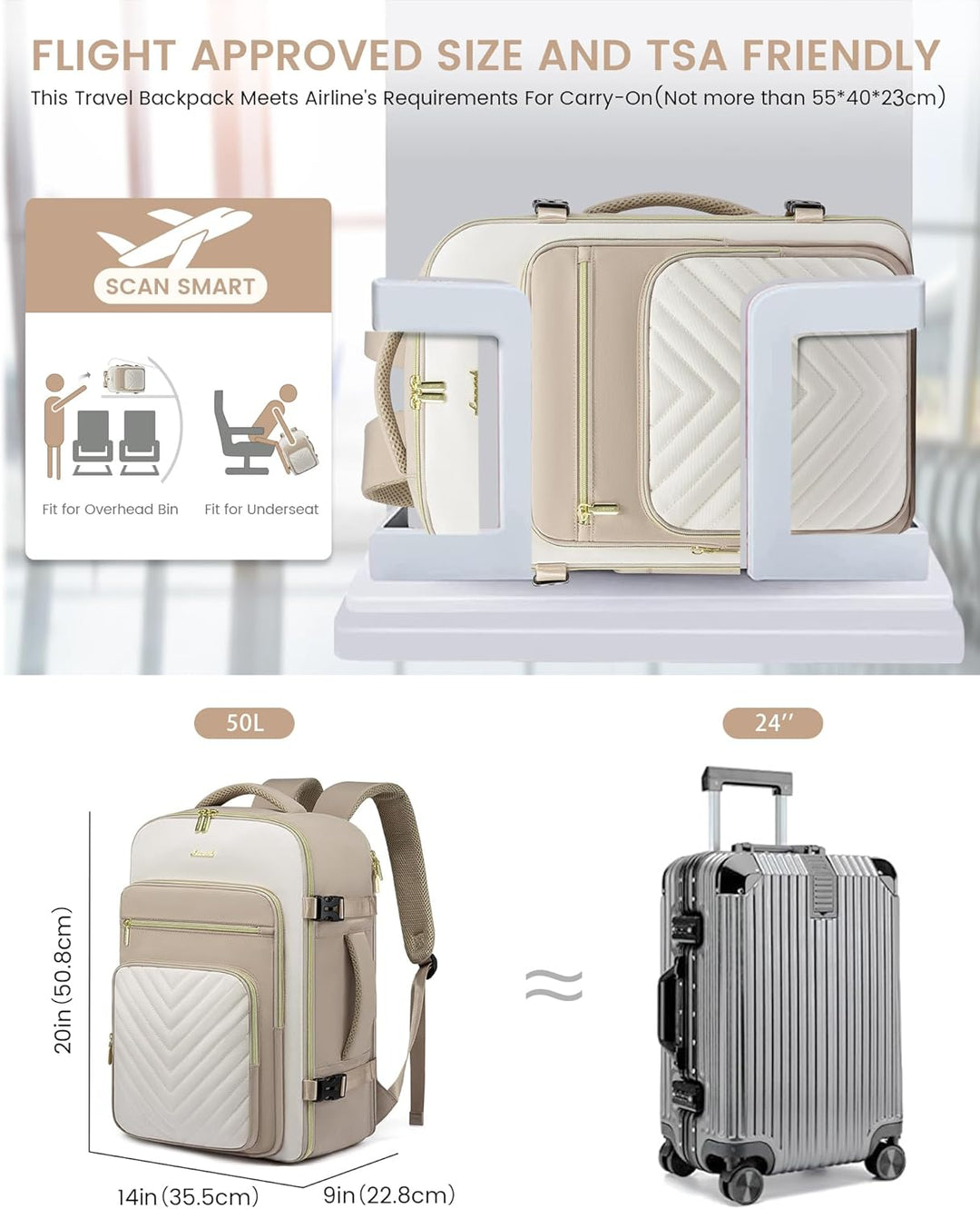 LOVEVOOK Handgepäck Rucksack Flugzeug, 50L Reiserucksack Damen Gross, Wasserdicht Laptop Rucksack Da