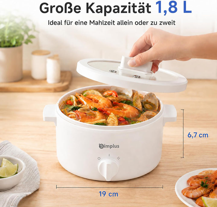 SIMPLUS Elektrischer Hot Pot 1,8 L mit Edelstahl-Dampfgarer, 600 W Elektrokochtopf mit Antihaftbesch