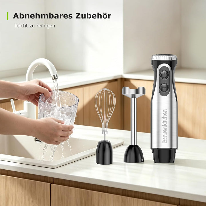 Bonsenkitchen Stabmixer 4-in-1, 1000W Elektrischer Pürierstab mit stufenloser Geschwindigkeitsregelu