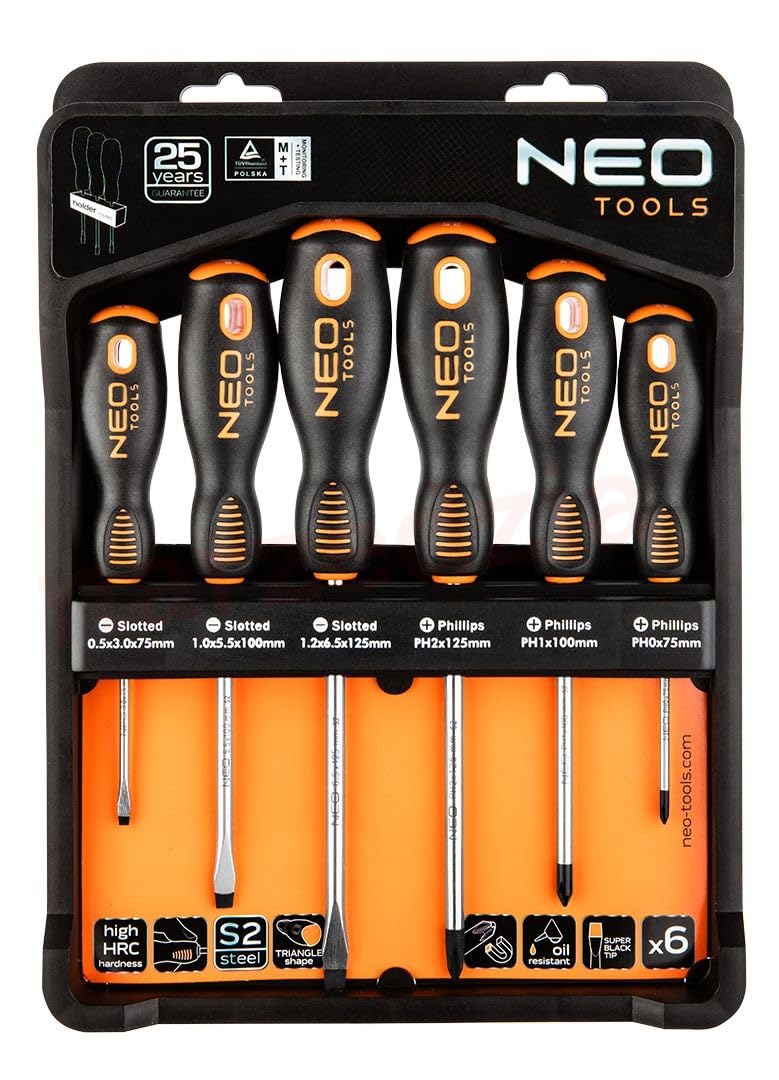 NEO TOOLS Schraubendreher Set 6-tlg., Schlitz &amp; Kreuz, S2 Stahl | Magnetische Spitzen, Ergonomischer