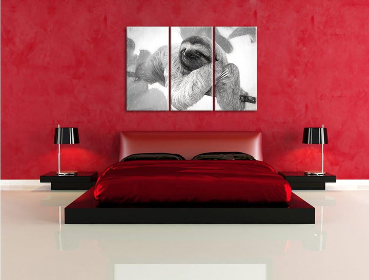 Pixxprint Faultier hängt von AST / 3-Teilig/Gesamtmass 120cm Leinwandbild bespannt auf Holzrahmen/Wa