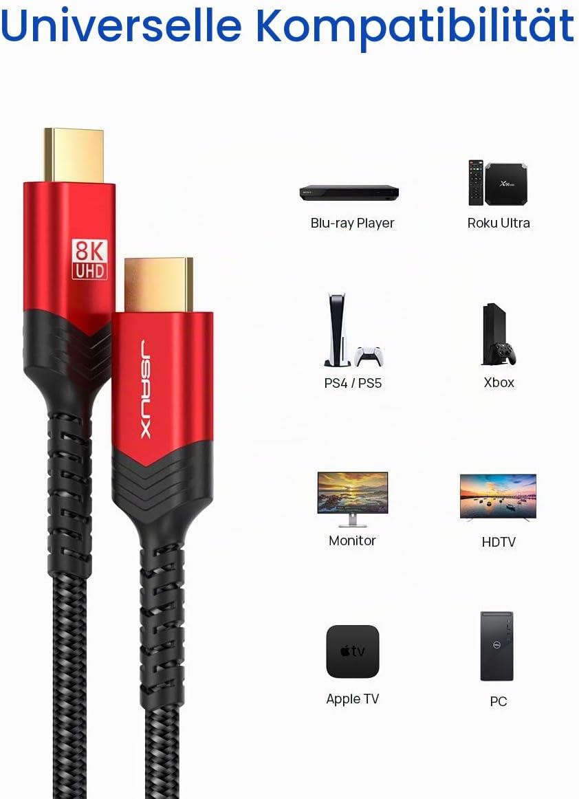 JSAUX 10K 8K HDMI Kabel 1.8M, HDMI 2.1 Kabel Highspeed Ethernet 48Gbps 8K@60Hz, 4K@120Hz, UHD HDR 10