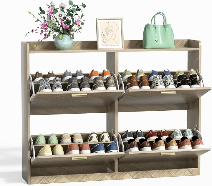 Fischgrätmuster Schuhschrank mit 4 Schublade Holz Schuhkipper für 24-28 Paar Schuhe, Schuhregal mit