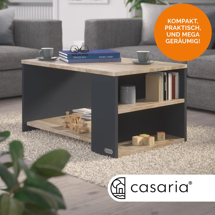 Casaria® Couchtisch Grau Holz mit Stauraum 2 Fächer 90x59x48cm Kratzfest 50kg Belastbar Rechteckig A