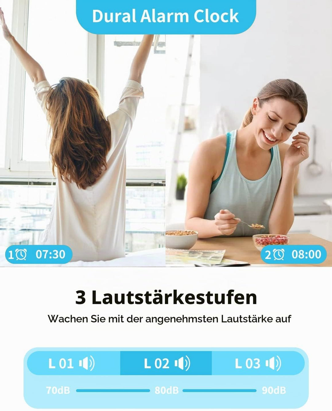 Wecker Digital, Digitaler Wecker Kinder mit Licht, Bunter LED Anzeige, 0-100% Helligkeitsdimmer, 2 A