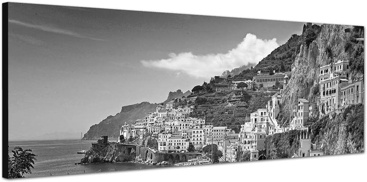 Paul Sinus Art Leinwandfoto als Panorama SCHWARZ/Weiss 150x50cm Italien Amalfi Meeresstadt Berge Mee