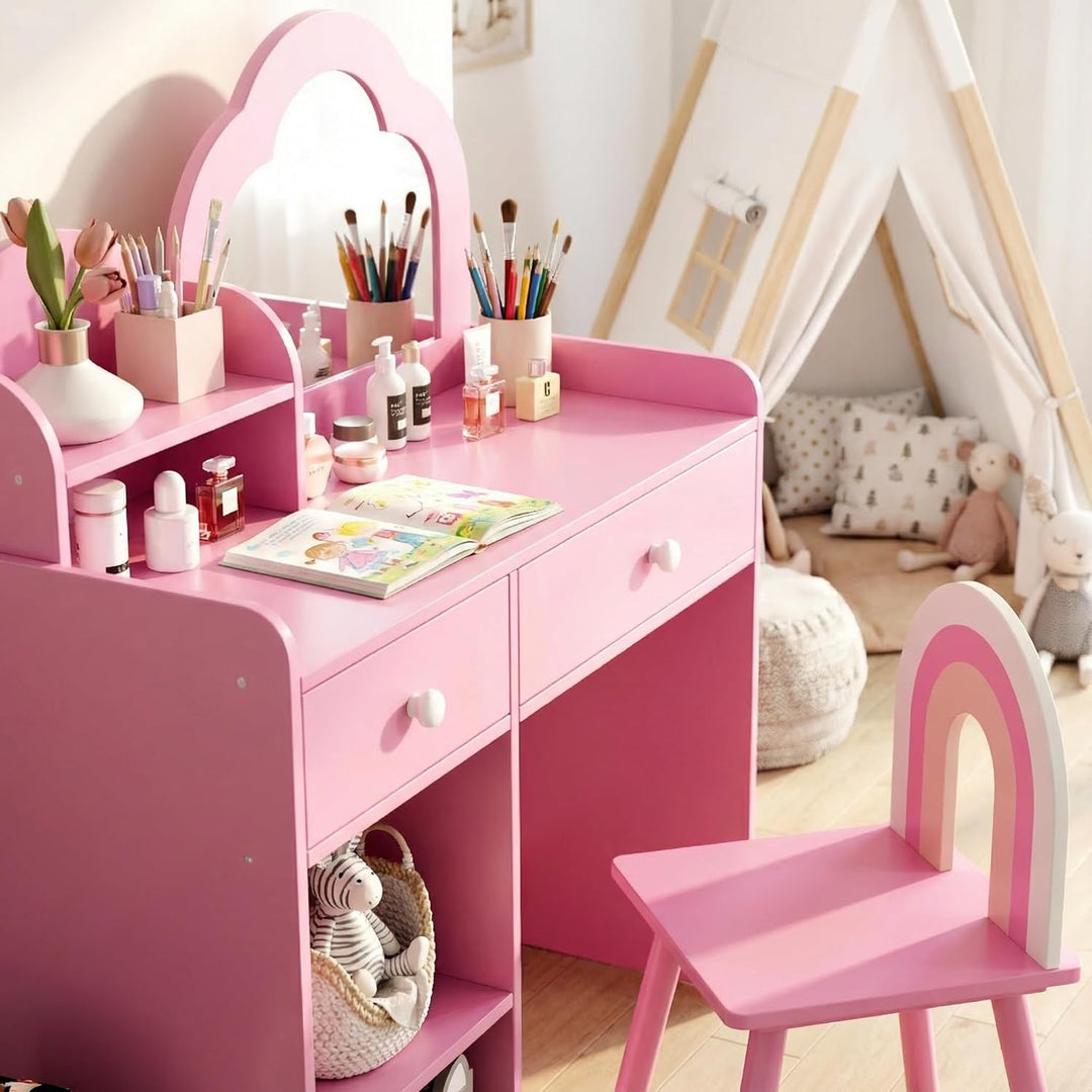 Clevich Schminktisch Kinder Set, 2 in 1 Kinderschminktisch mit Spiegel, 2 Schubladen, Schliessfächer