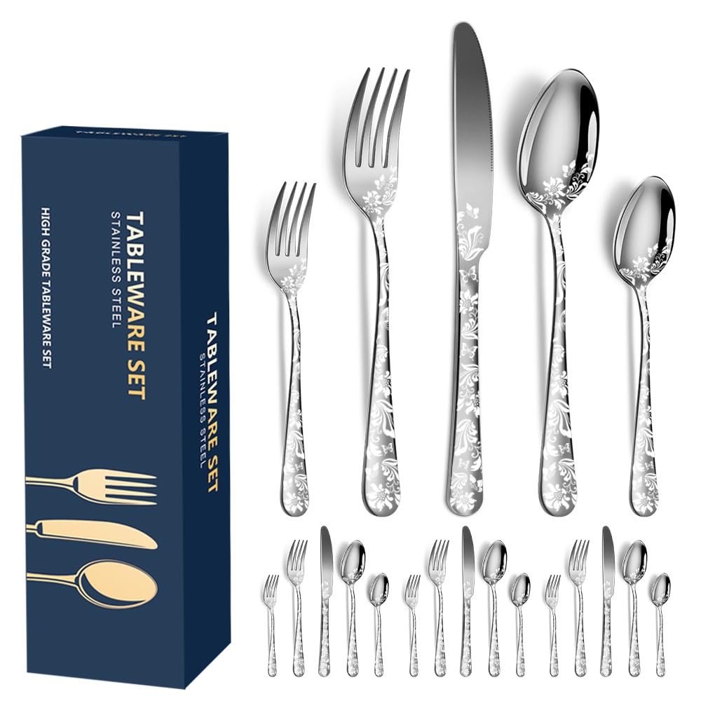 Aoresac Besteck-Set für 4 Personen, 20 Stück, aus Edelstahl, poliertes Muster, mit Blumenspiegel, in