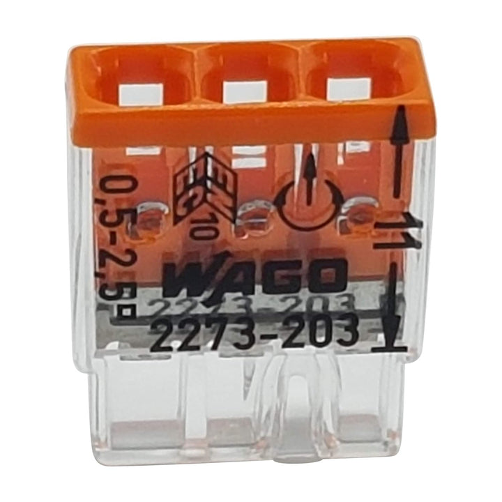 100 Stück Wago 2273-203 COMPACT-Verbindungsdosenklemme Ø 0,5-2,5 mm², 3-polig, transparent/orange