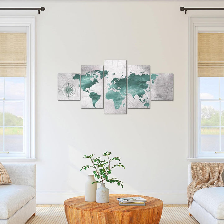 Runa Art Bild Büro Wohnzimmer Weltkarte 5 Teilig Vintage Grün Grau Wandbilder auf Vlies Leinwand 026