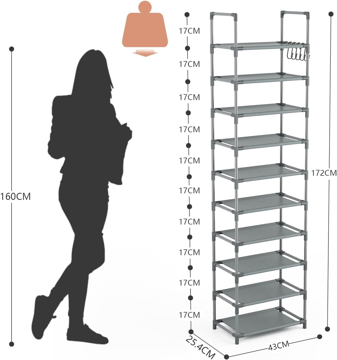 Schuhregal mit 10 Ebenen, Schuh-Organizer für 20-25 Paar Schuhe, offener Schuhschrank hoch, Schuhstä