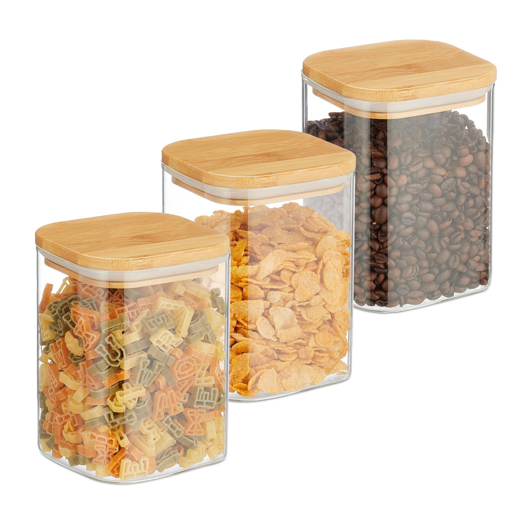 Relaxdays Vorratsgläser mit Bambusdeckel, 3er Set, eckige Vorratsdosen aus Glas, 900 ml, luftdicht,