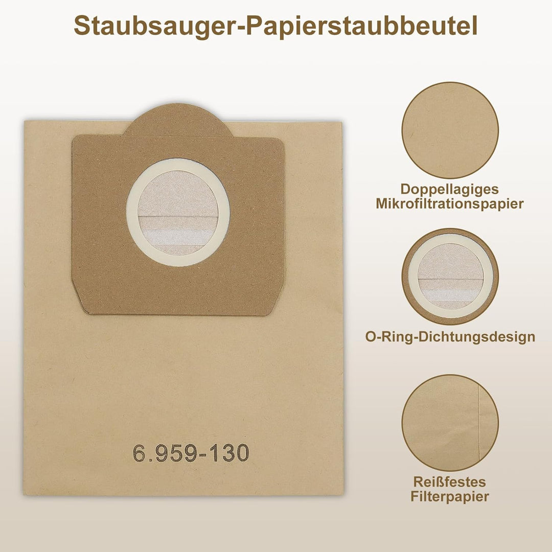 Fishoney 20 Stück WD3 Staubsaugerbeutel für Kärcher 6.959-130.0, Papier filterbeutel für WD3 1629 MV